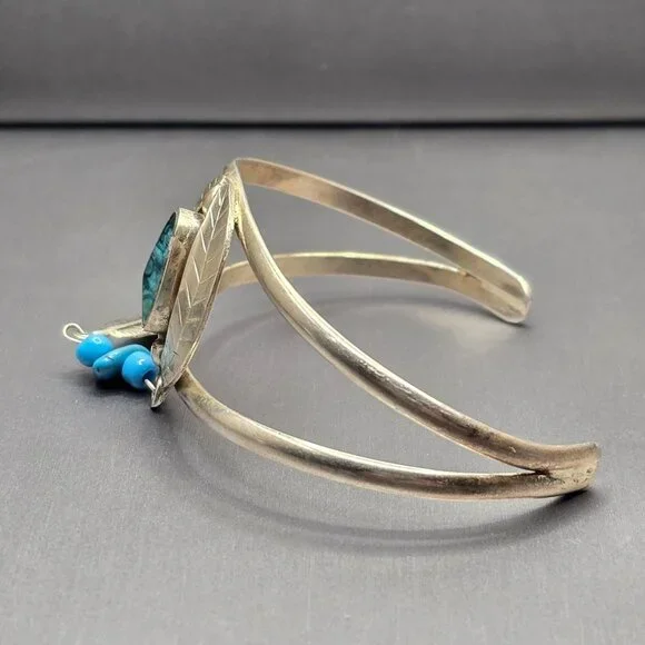 VTG Southwestern Sterling Silver Bracelet 6.75" Crushed Turquoise Feather Charm - Picture 6 of 15
